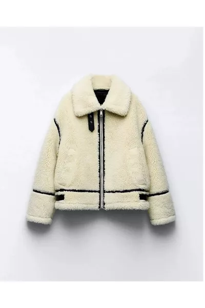 Женская бежевая премиум куртка из плюша с молнией