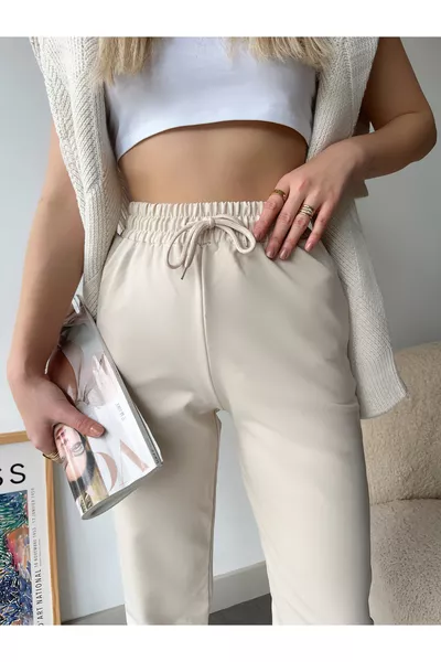 بنطال رياضي نسائي خصر عالي مع رباط عند الكاحل