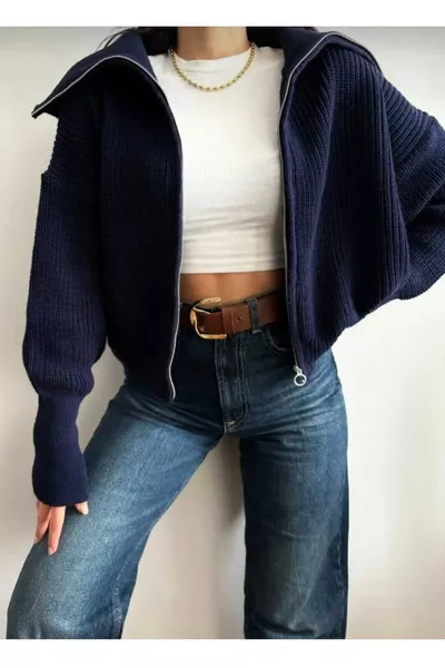 كارديغان صوفي أزرق غامق بياقة مائلة وسحاب