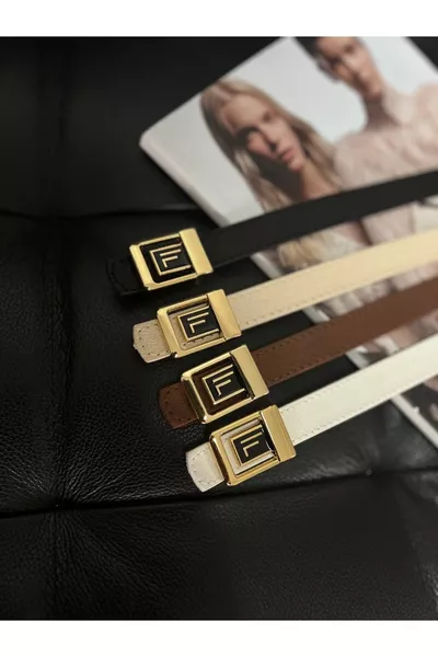 حزام نسائي رقيق بأبزيم ذهبي وشعار F، حزام للبنطال، حزام للسترة، حزام