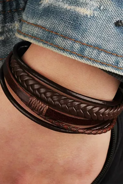 Men's Genuine Leather Bracelet Brown Magnetic Clasp Braided Bracelet