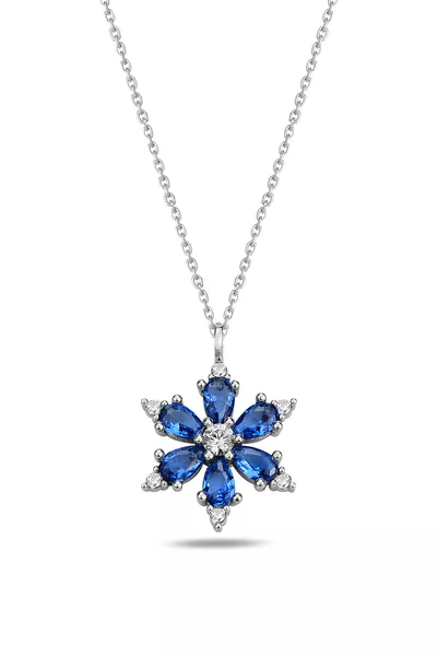 Silver Chain Setting Sapphire Blue Teardrop Camellia Lotus Flower Necklace - Certified