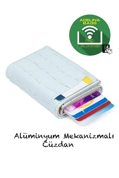 Porte-cartes automatique à glissière avec mécanisme en crocodile bleu Adelina