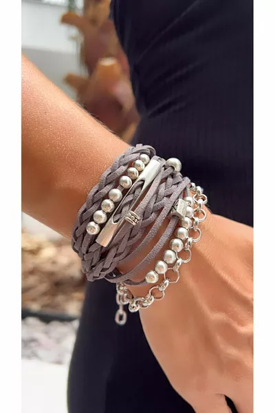 سوار رمادي متعدد المناظر من جلد الغزال الفضي