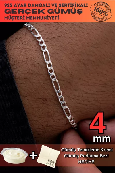 Herren Silberarmband - 4mm Figaro Modell, mit Edelmetallzertifikat, Rechnung und Stempel, Herren Silberarmband