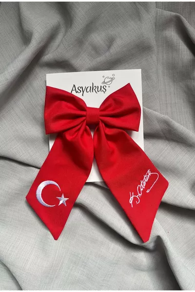 Fermaglio Automatico con Fiocco a Coda Ricamato con Bandiera d'Aprile e Firma di Atatürk