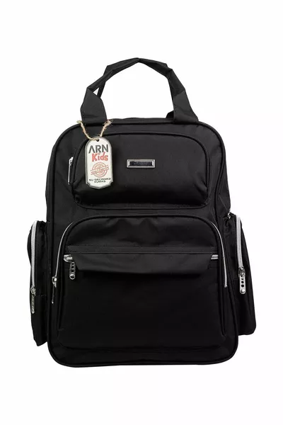 حقيبة ظهر للعناية بالرضع من طراز روما، باللون الأسود، مزودة بجيب للرضاعات الحرارية وحامل لعربة الأطفال