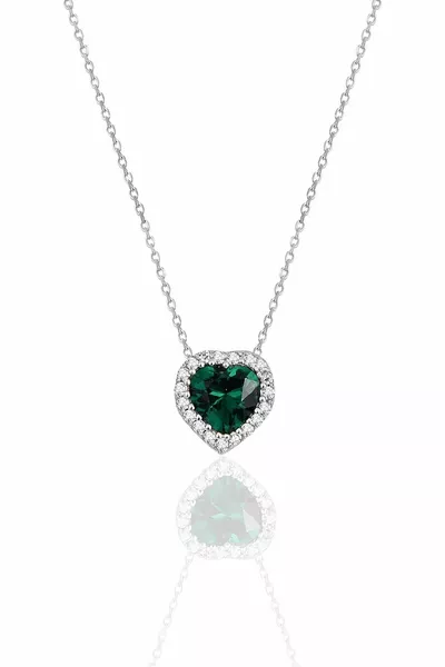 Silver Rhodium Root Emerald Stone Diamond Style Heart Necklace