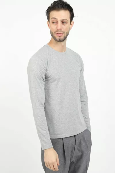 تي شيرت ليكرا بيسك رمادي بأكمام طويلة للرجال