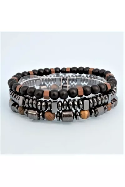 3 Adet Çok Şık Doğal Taş Bileklik | Jasper - Hematit - Onix