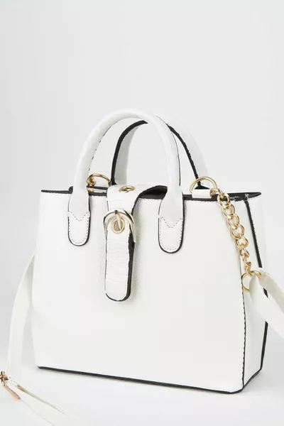 Borsa da donna a scatola bianca con manico in coccodrillo, tracolla, 2 scomparti, chiusura a scatto e cerniera, da mano e da spalla