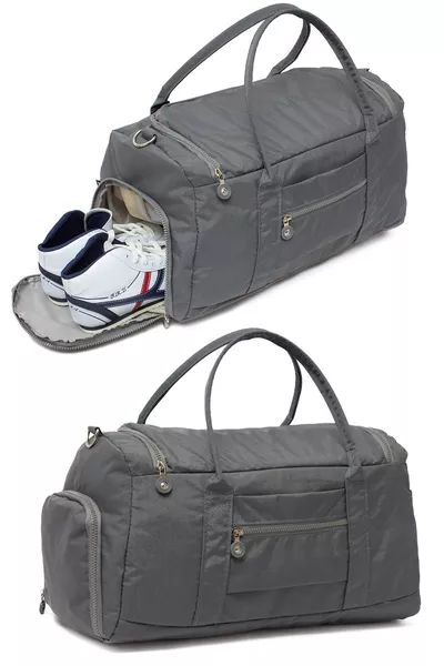 Gray Crinkle Fabric Shoe Compartment  Front Pocket Waterproof Shoulder Strap Sports and Travel Bag
