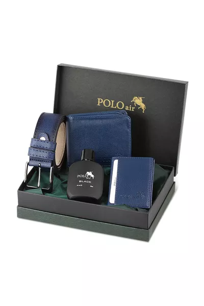 Подарочный набор для мужчин с классическим кошельком, ремнём, картхолдером и духами, тёмно-синий