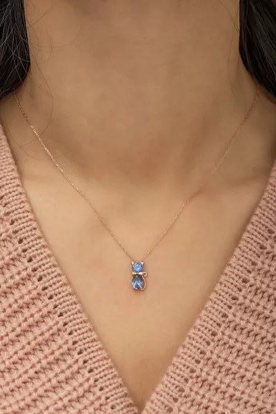 Women's Silver Necklace with Tanzanite Cat Stone