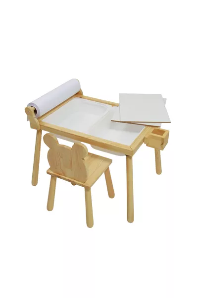Tavolo da gioco sensoriale per bambini Joykids in legno naturale con rullo e accessori, 1 sedia a forma di orso