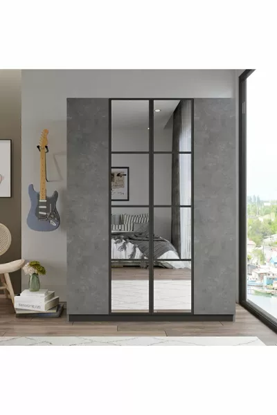 New Home 4-Door Mirrored Wardrobe with Drawers Clothing Cabinet Concrete -rg