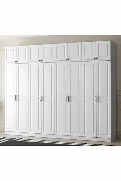 Armadio da abbigliamento bianco in MDF completo con 8 ante, scaffali e montaggio gratuito