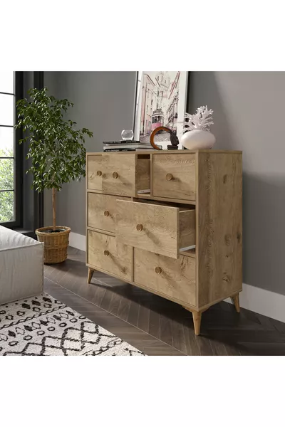 خزانة عصرية من خشب البلوط بسبع أدراج - مصنوعة بالكامل من MDF عالي الجودة