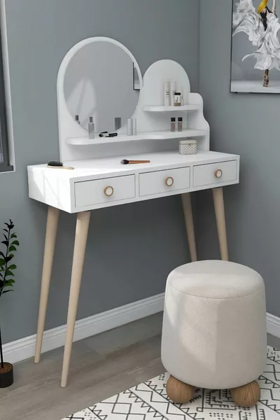 Coiffeuse en bois avec miroir et tiroirs Ruges sur pieds, blanc - Ruges