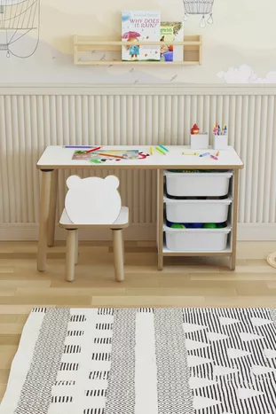 Ensemble Table et Chaises pour Enfants - Bureau d'Activité pour Enfants avec 3 Paniers, Tableau Effaçable à Sec, Chaise Panda
