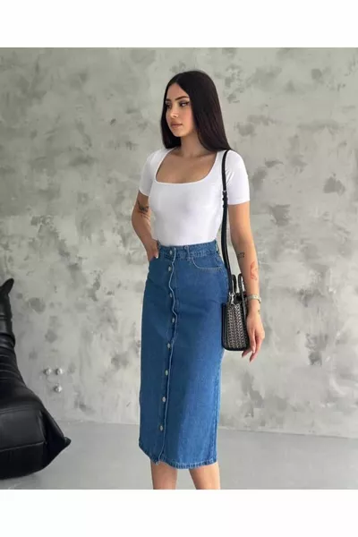 Women's Front Complete Buttoned Jean Denim Skirt
