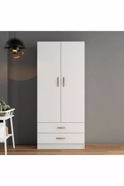 Armadio ampio a 2 ante con 2 cassetti Bianco - 