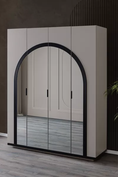 Wardrobe, Hira Sandstone 4-Door Mirrored Cabinet