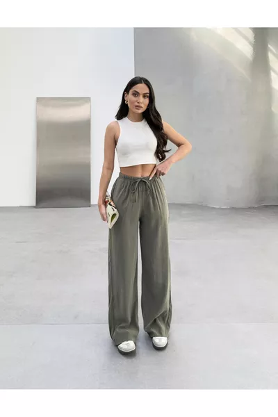 Women's Khaki Soft Modal Woven Fabric Wide-Leg Elastic Waist Flowing Summer Pants