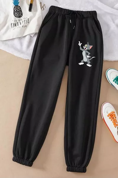 2-Piece Tom and Jerry Jogger Pants - Black and Gray with Printed Elastic Cuffs and High Waist