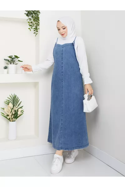 فستان دنيم جينز مع حمالات وبدلة رومبير 