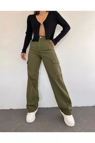 Women's Khaki High-Waisted Wide-Leg Cargo Denim Pants with Cargo Pockets