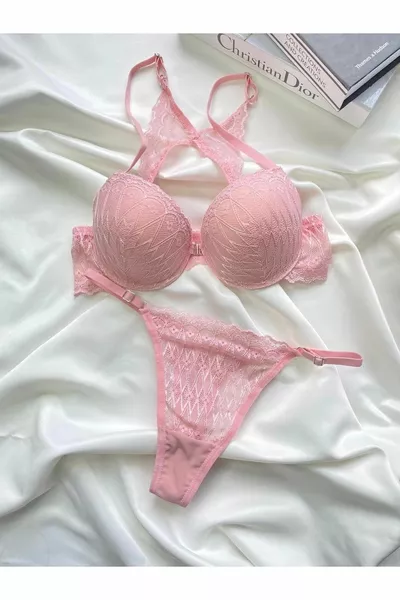 Set di Reggiseno con Pizzo e Chiusura Frontale - Rosa - 