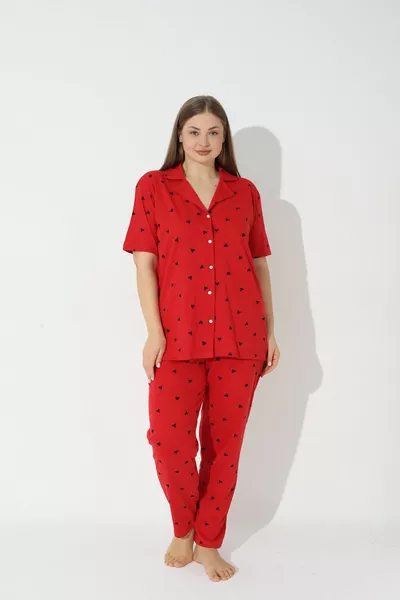 طقم بيجامة قطنية بأزرار بأكمام قصيرة بمقاس كبير ومنحني أحمر