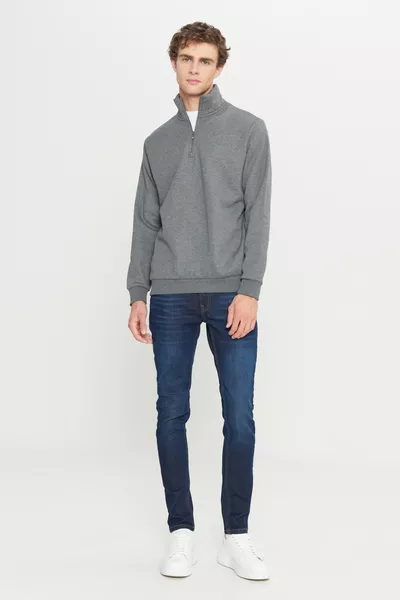 Men's Anthracite Melange Standard Fit Full-Zip High Collar Cotton Sweatshirt with Fleece Lining