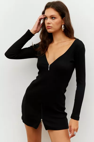 Women's Black Zip-Up Ribbed Mini Dress 