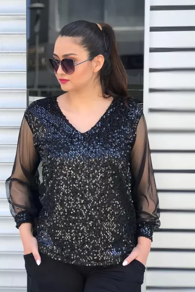 Sequin Sleeve Tulle Blouse