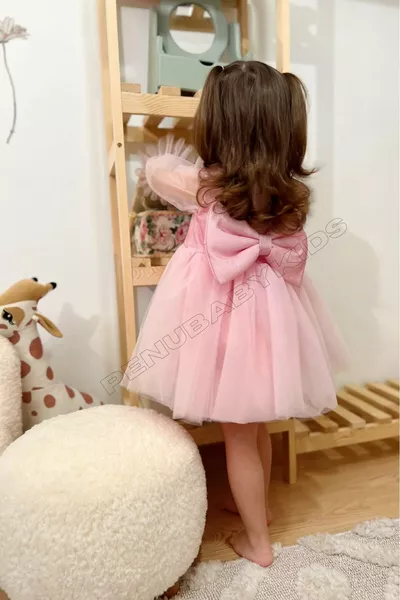فستان بيبي للبنات وردي طويل بأكمام تول وتنورة تول - سندريلا