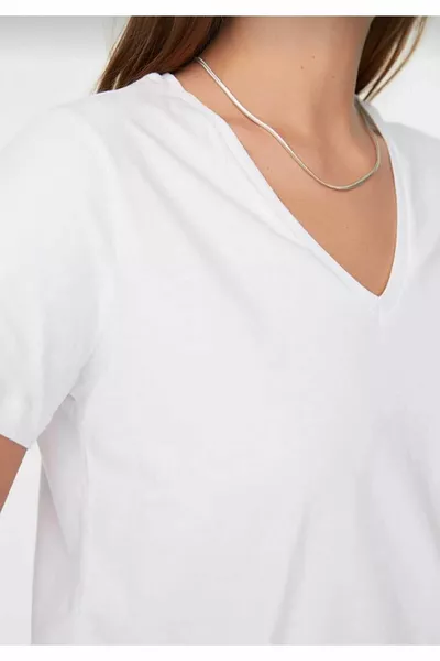 super quality White V-neck women's T-shirt plain color basic organic cotton knit jersey T-shirt