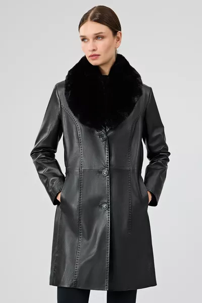 Christina Damen Schwarzer Leder-Mantel mit Fellbesatz M