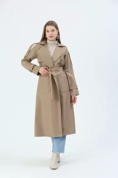 Cepli Kuşaklı Trençkot Vizon