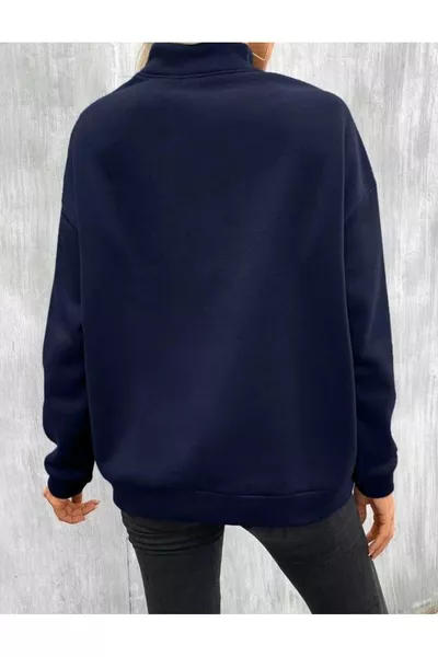 pull à col montant bleu marine uni avec fermeture à moitié