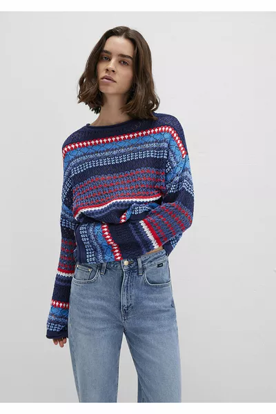 Джемпер с жаккардовым узором, темно-синий, свободного кроя / свободный фасон 