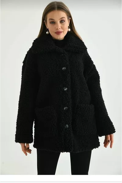 Oversized Collared Buttoned Lined-Free Plush Jacket