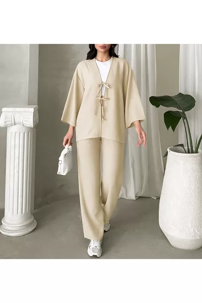 طقم كيمونو نسائي بمظهر الكتان باللون البيج - كريمي • تونيك وبنطلون مربوط طقم من قطعتين • بمقاس كبير