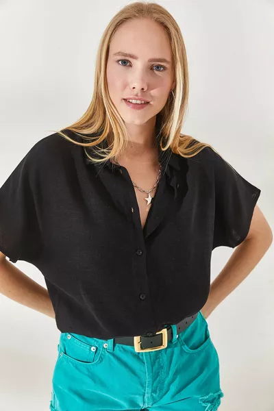 Женская черная свободная льняная рубашка с крыльями летучей мыши 