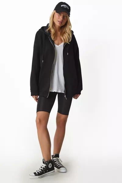 Kapüşonlu Fermuarlı Oversize Sweatshirt SİYAH 