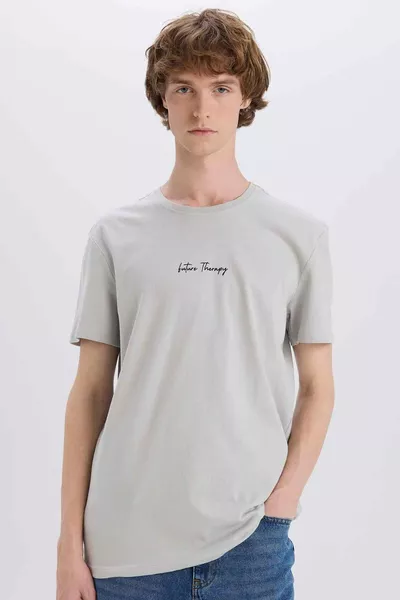 Slim Fit Bisiklet Yaka Baskılı Pamuklu Penye Tişört SM