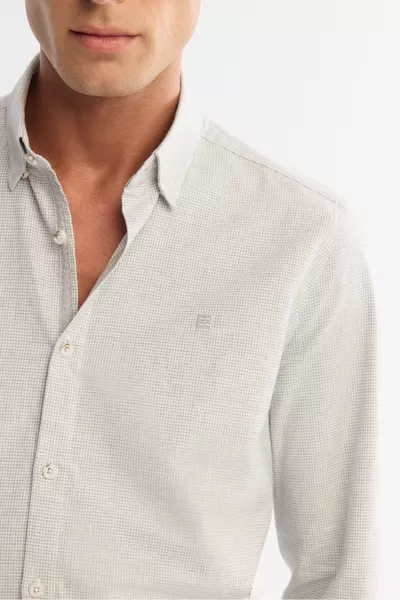 Erkek Gri Düğmeli Yaka % Pamuk Flanel Slim Fit Gömlek 