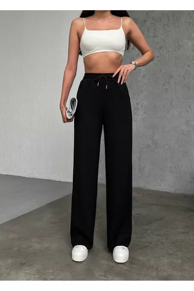 Damen Schwarze Modal Stoff Weite Hosen Hohe Taille Palazzo Jogginghose mit Kordelzug