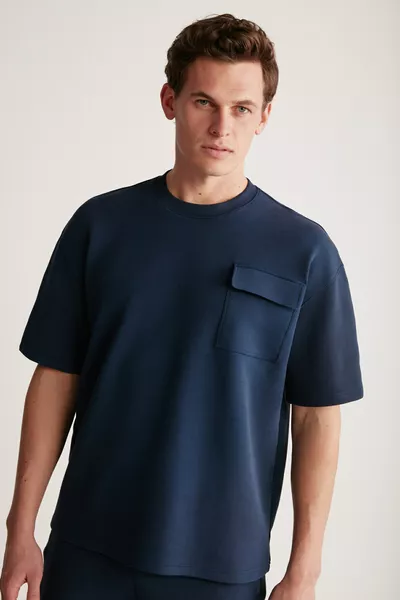 T-shirt bleu marine Artur pour homme avec poches, tissu épais à texture spéciale